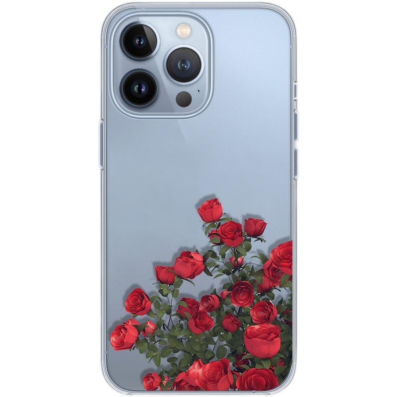 Romantic Red Rose Flower Clear Phone Case For iPhone 13 12 11 Pro MAX Mini X XS XR 7 8 Plus Soft Silicone Transparent Cover Gorgeous Floral Print Women Transparent Strong Clear Case Stevvex
