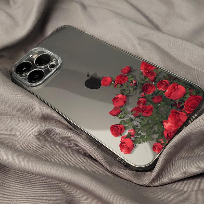 Romantic Red Rose Flower Clear Phone Case For iPhone 13 12 11 Pro MAX Mini X XS XR 7 8 Plus Soft Silicone Transparent Cover Gorgeous Floral Print Women Transparent Strong Clear Case Stevvex