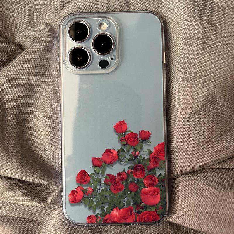 Romantic Red Rose Flower Clear Phone Case For iPhone 13 12 11 Pro MAX Mini X XS XR 7 8 Plus Soft Silicone Transparent Cover Gorgeous Floral Print Women Transparent Strong Clear Case Stevvex