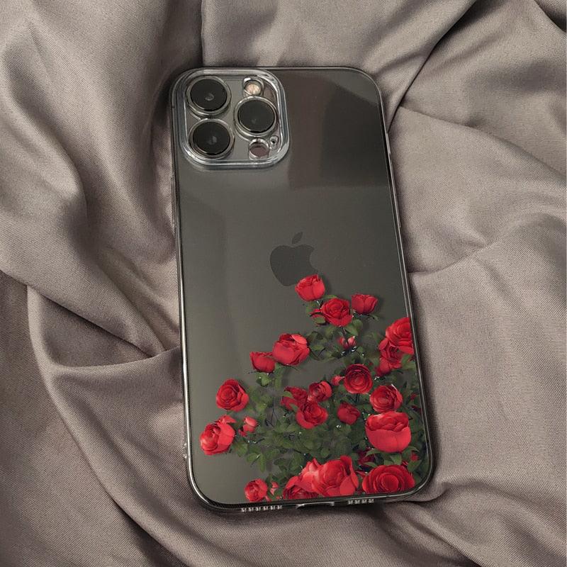 Romantic Red Rose Flower Clear Phone Case For iPhone 13 12 11 Pro MAX Mini X XS XR 7 8 Plus Soft Silicone Transparent Cover Gorgeous Floral Print Women Transparent Strong Clear Case Stevvex