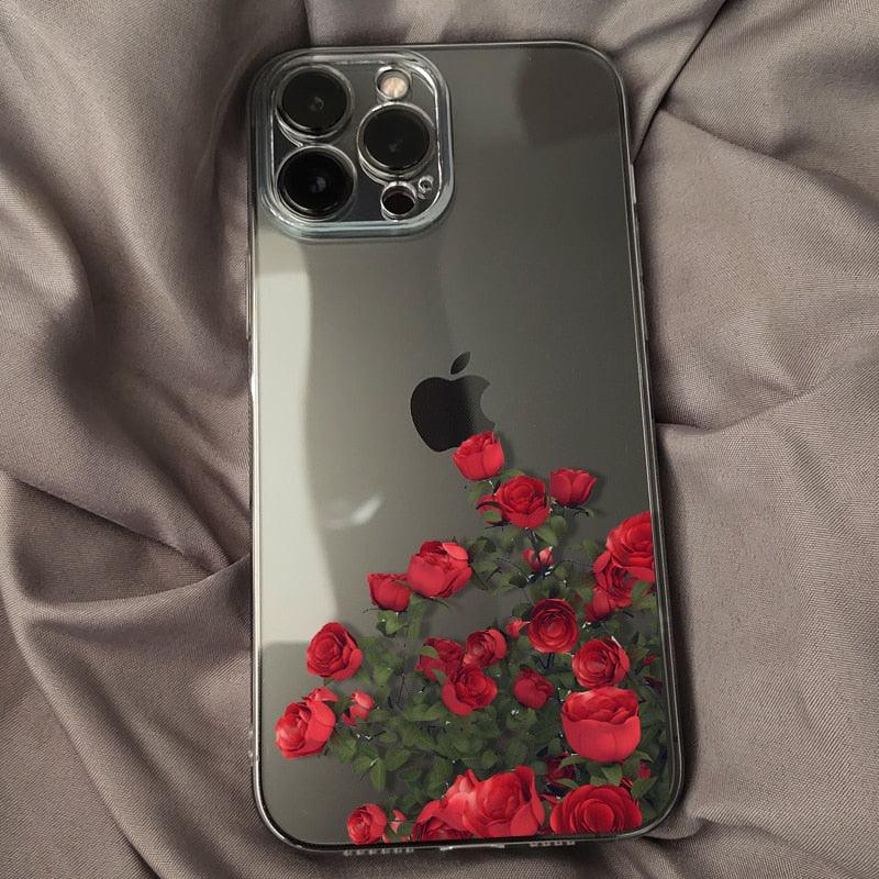Romantic Red Rose Flower Clear Phone Case For iPhone 13 12 11 Pro MAX Mini X XS XR 7 8 Plus Soft Silicone Transparent Cover Gorgeous Floral Print Women Transparent Strong Clear Case Stevvex