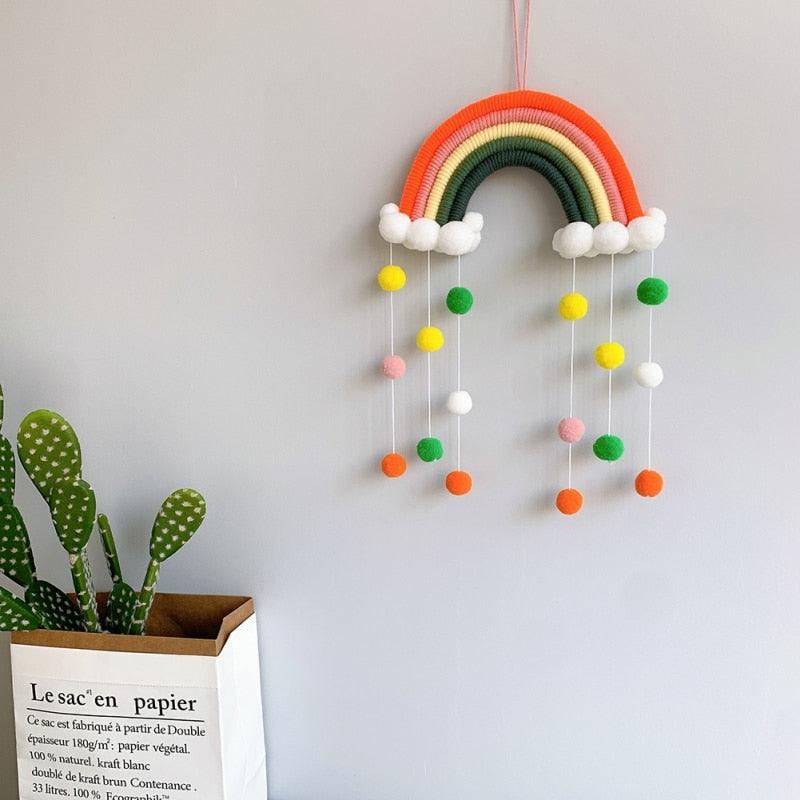 Room Decoration Handmade Woven Cotton Rope Rainbow Hanging Decoration Rainbow with Pom Pom Ball Wall Hanging Garlands for Kids Room Baby Shower Party Supplies Wall Hanging Decor With Felt Ball Photo Props Stevvex