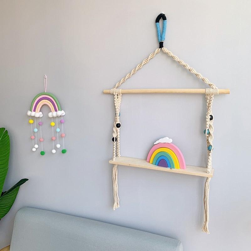 Room Decoration Handmade Woven Cotton Rope Rainbow Hanging Decoration Rainbow with Pom Pom Ball Wall Hanging Garlands for Kids Room Baby Shower Party Supplies Wall Hanging Decor With Felt Ball Photo Props Stevvex