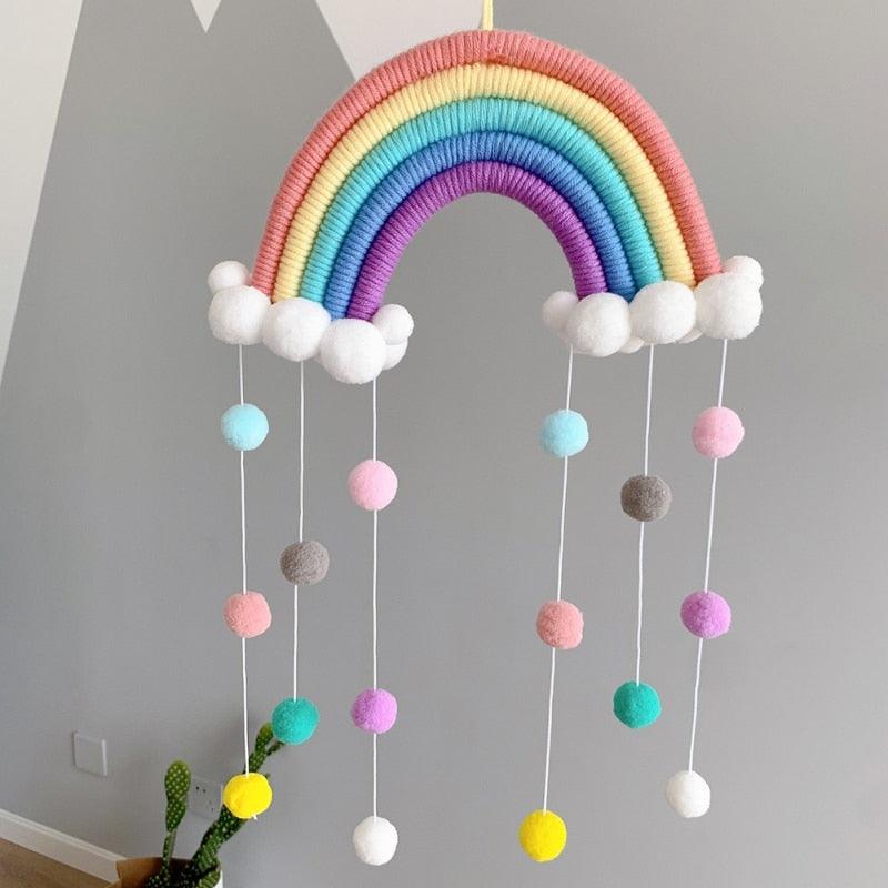 Room Decoration Handmade Woven Cotton Rope Rainbow Hanging Decoration Rainbow with Pom Pom Ball Wall Hanging Garlands for Kids Room Baby Shower Party Supplies Wall Hanging Decor With Felt Ball Photo Props Stevvex