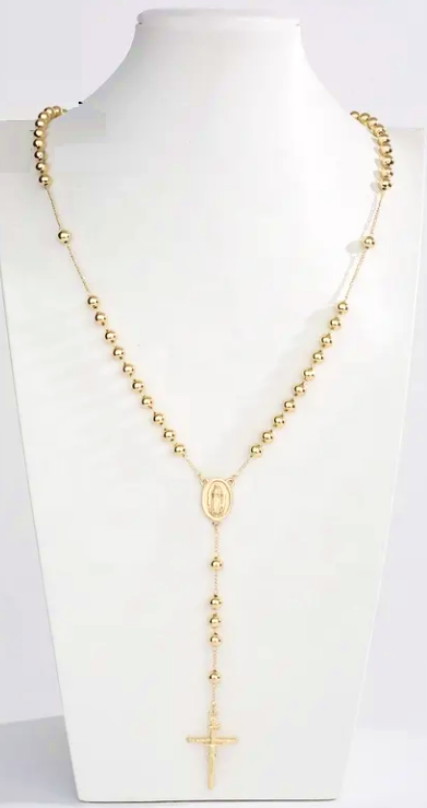 Catholic Rosary Pray Beads Necklace with Virgin Mary Medallion Cross Crucifix 14k Gold Plated Jewelry And Perfumes