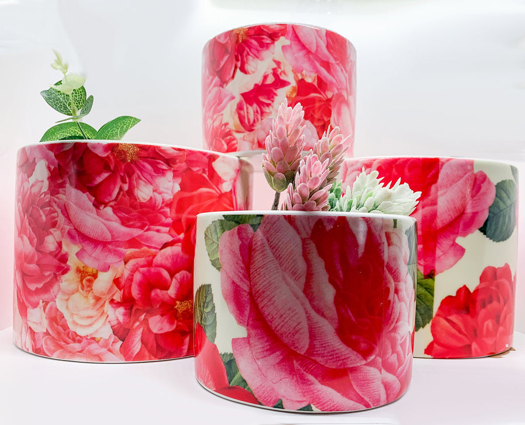 Rose Floral Cachepot Vase - Rose Pattern Planter Large Candle Holder