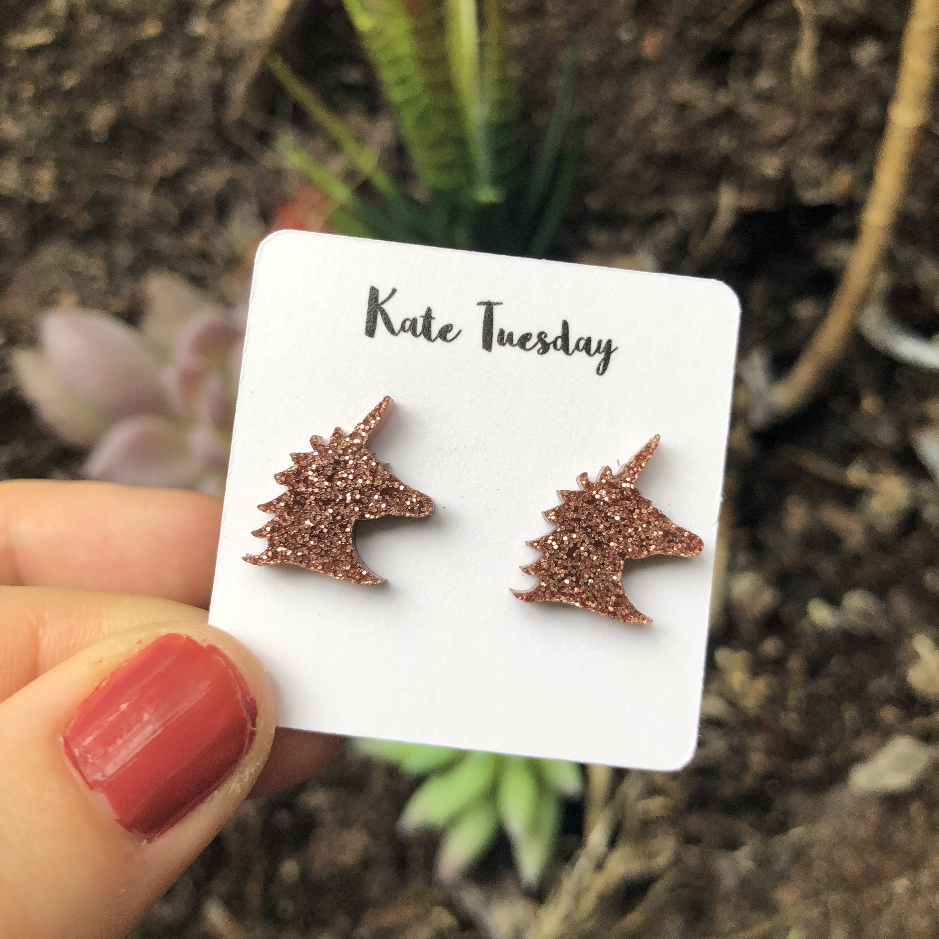 Rose Gold Unicorn Acrylic Stud Earrings Sparkle Lightweight