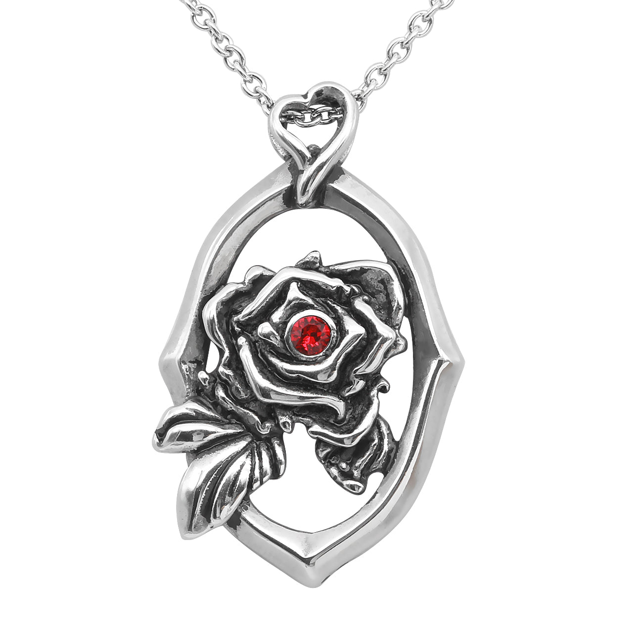 Rose Pendant Necklace Framed Silver With Red Crystal