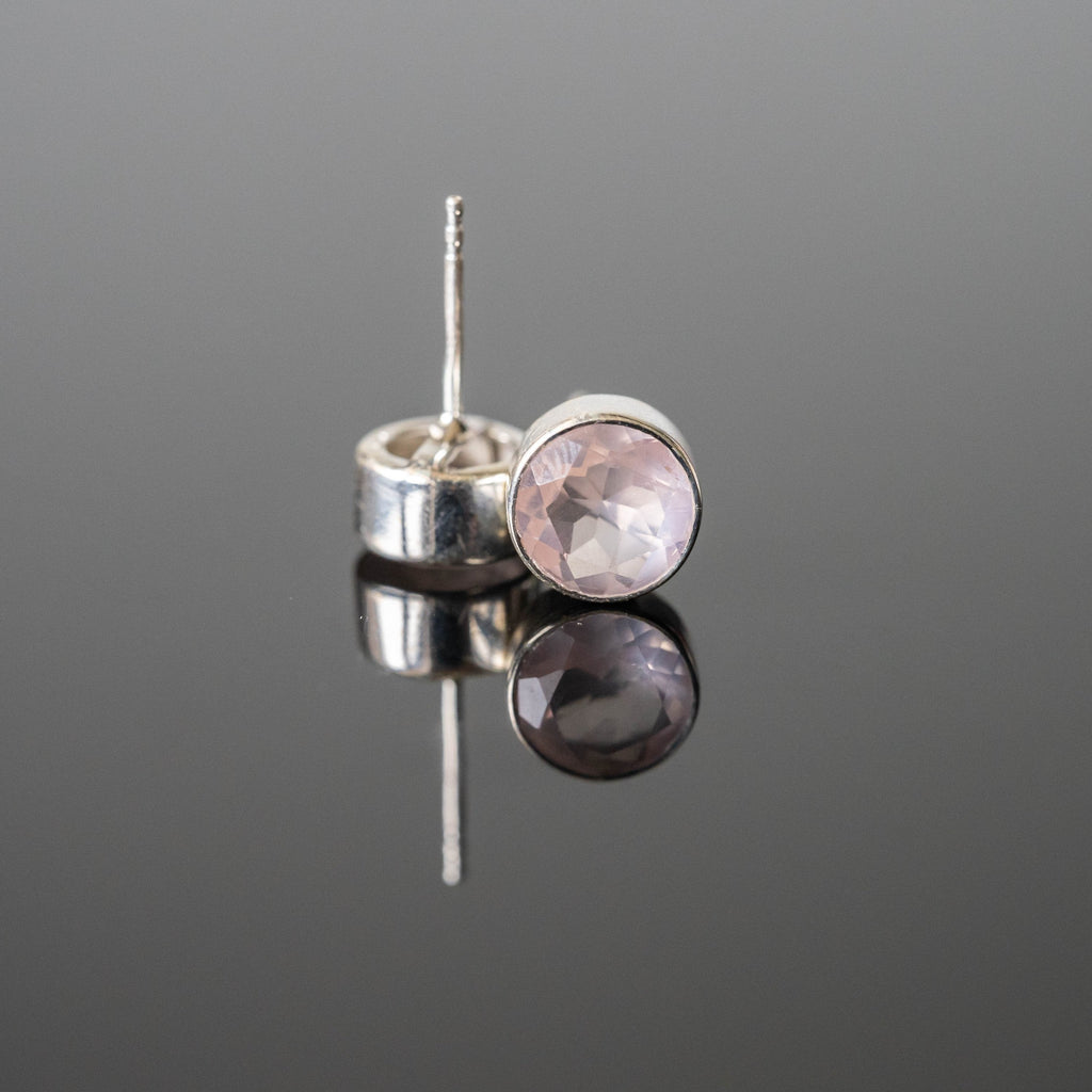 Rose Quartz Round Stud Earrings Sterling Silver Post BandsCo Straps