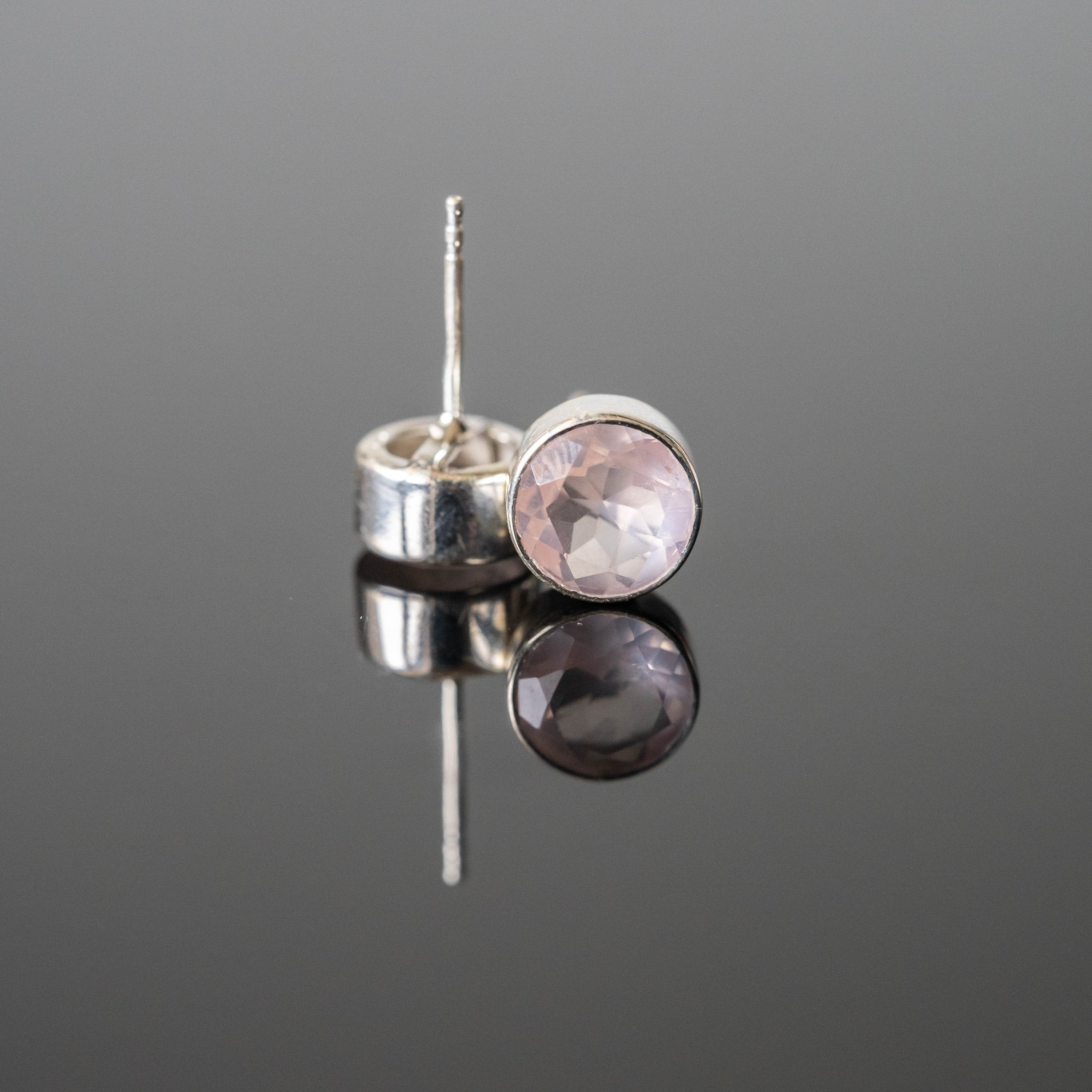 Rose Quartz Round Stud Earrings Sterling Silver Post BandsCo Straps