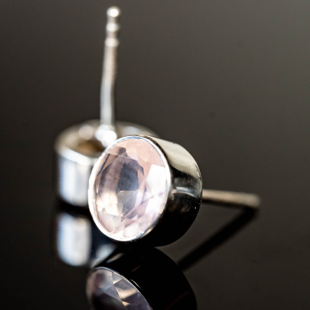 Rose Quartz Round Stud Earrings Sterling Silver Post BandsCo Straps