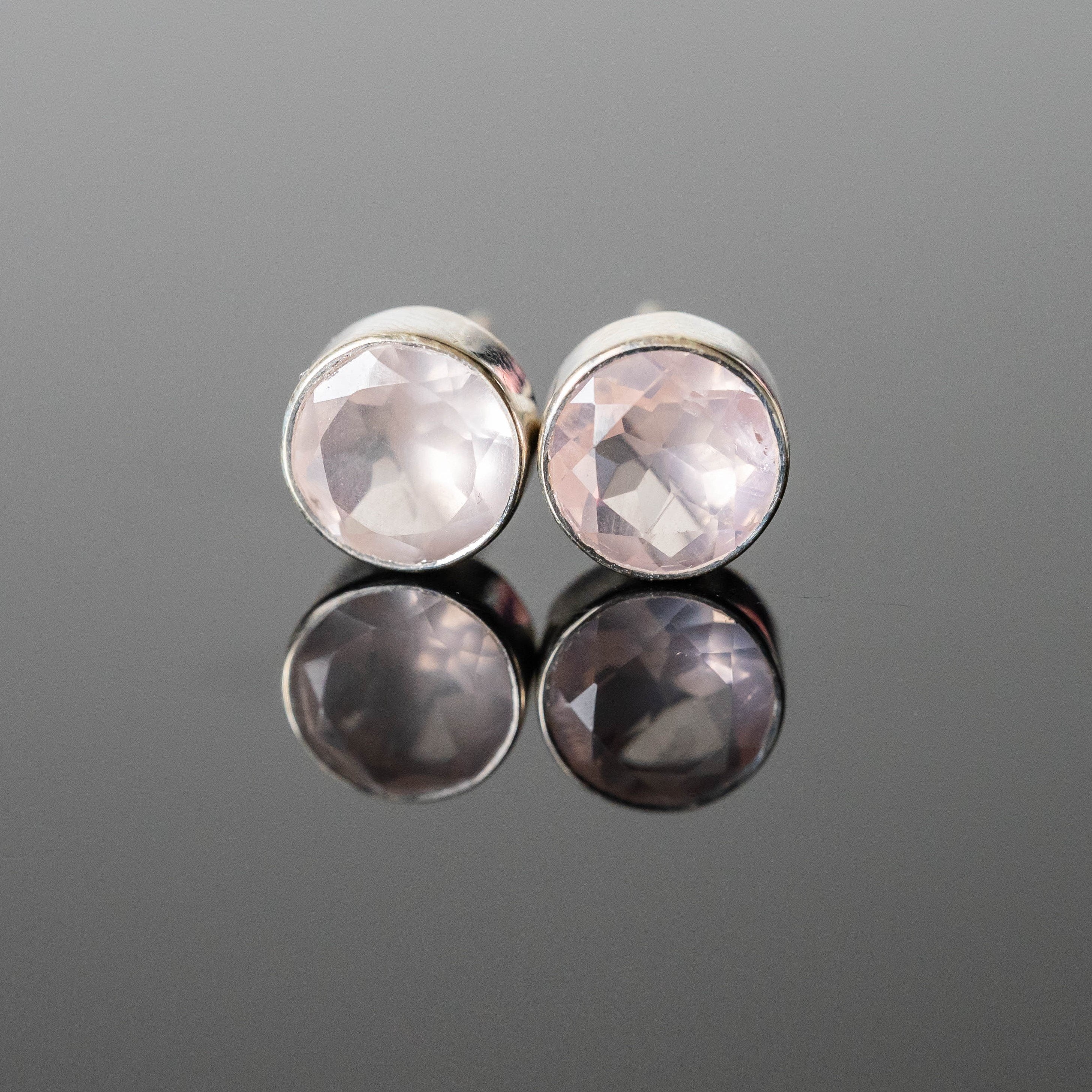 Rose Quartz Round Stud Earrings Sterling Silver Post BandsCo Straps