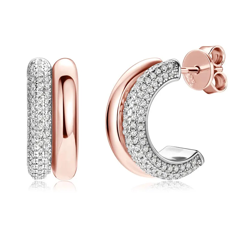 Round Cut Moissanite C-Shaped Stud Earrings 925 Sterling Silver For Women BandsCo Straps