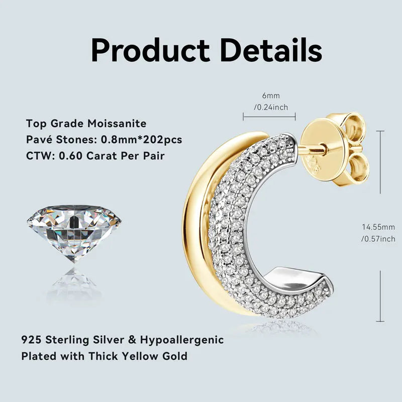 Round Cut Moissanite C-Shaped Stud Earrings 925 Sterling Silver For Women BandsCo Straps
