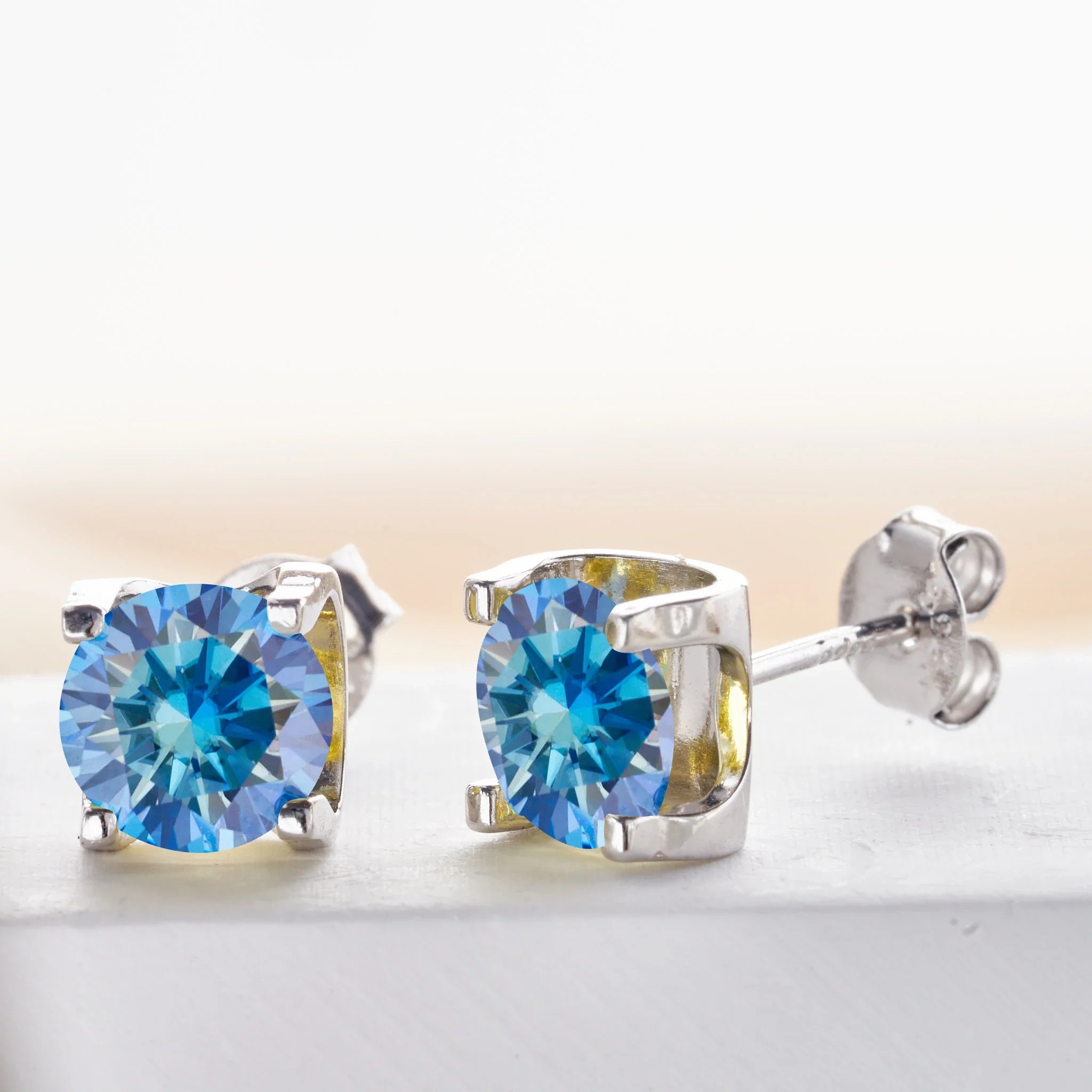 Royal Blue Moissanite Stud Earrings 2ct Total D VVS 925 Sterling Silver BandsCo Straps