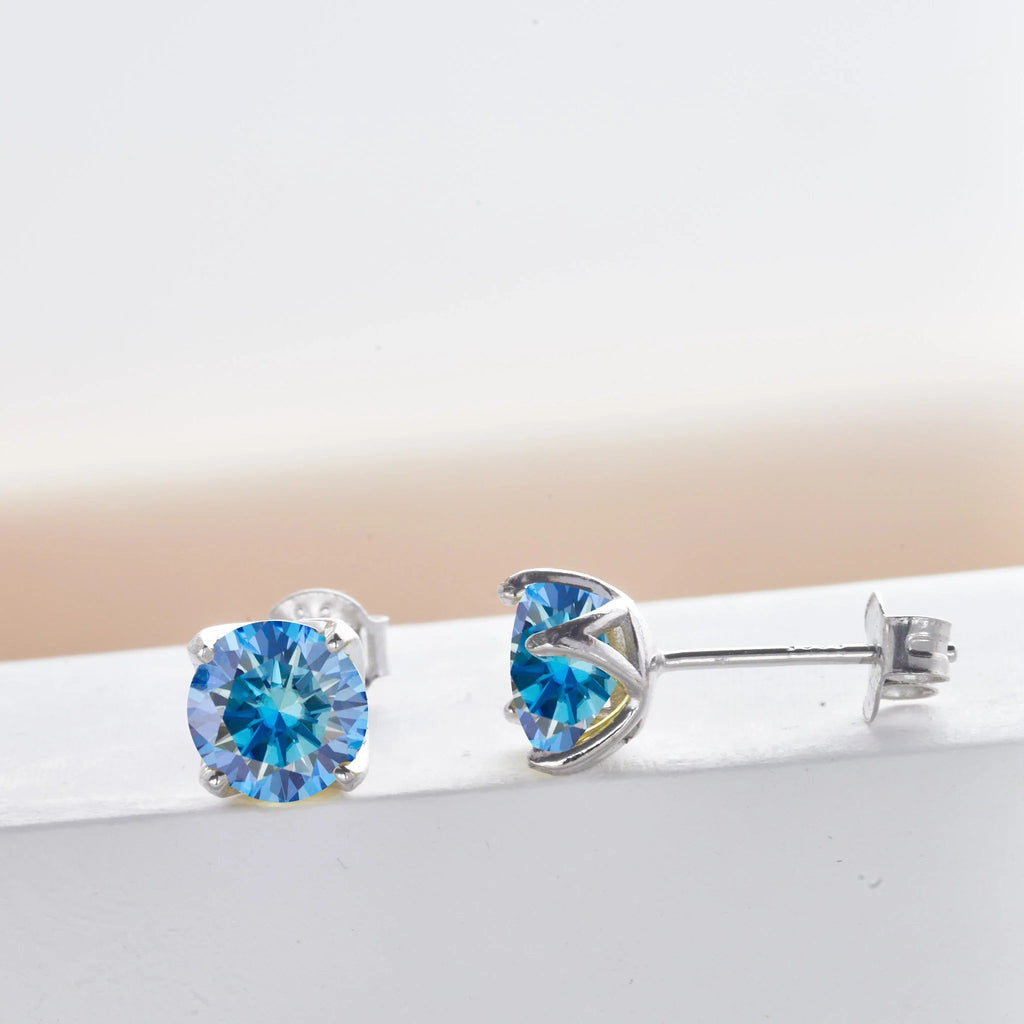 Royal Blue Moissanite Stud Earrings 2ct Total D VVS 925 Sterling Silver BandsCo Straps