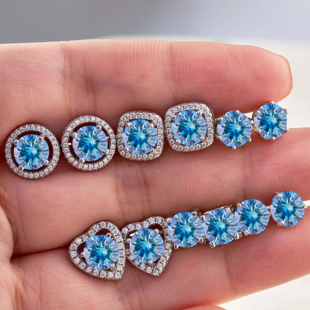 Royal Blue Moissanite Stud Earrings 2ct Total D VVS 925 Sterling Silver BandsCo Straps