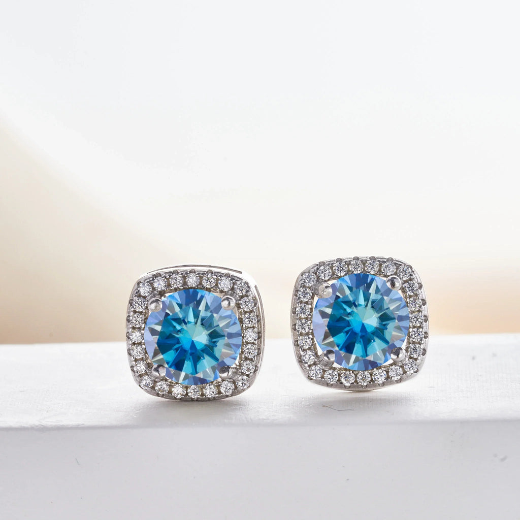 Royal Blue Moissanite Stud Earrings 2ct Total D VVS 925 Sterling Silver BandsCo Straps