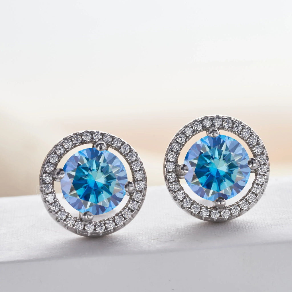 Royal Blue Moissanite Stud Earrings 2ct Total D VVS 925 Sterling Silver BandsCo Straps