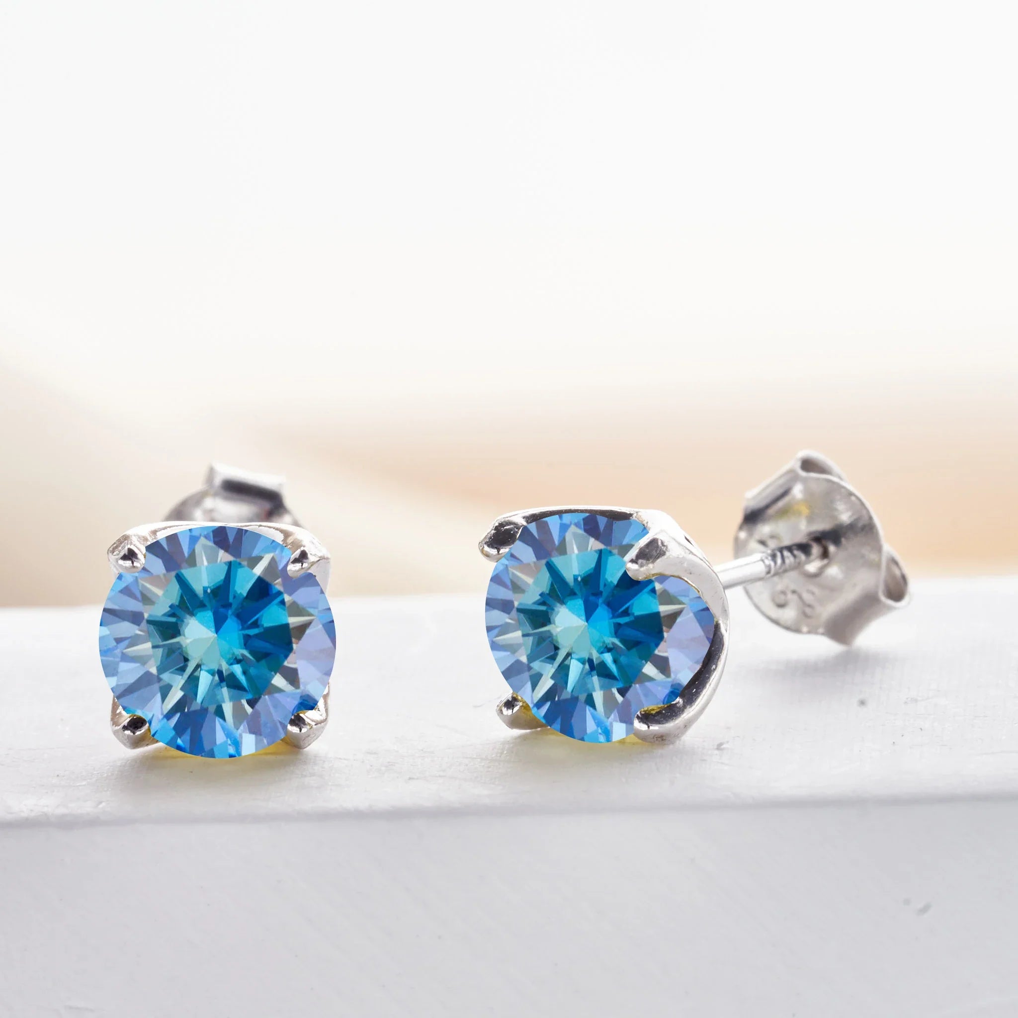 Royal Blue Moissanite Stud Earrings 2ct Total D VVS 925 Sterling Silver BandsCo Straps