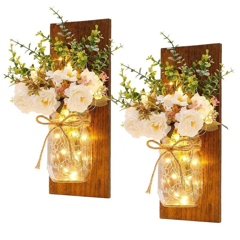 Rustic Wall Sconces Flower Lamp Mason Jar Sconce Handmade Wall Art Hanging Home Decoration 2 Set with LED Fairy Lights Decorative  Peony Flower Stevvex