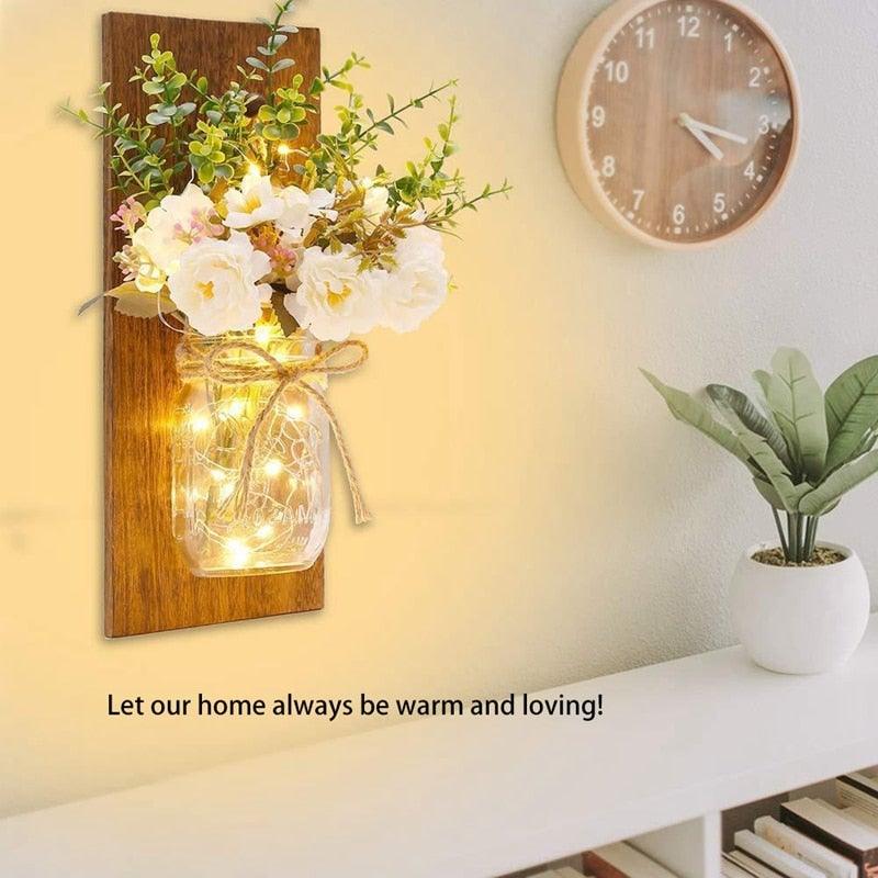 Rustic Wall Sconces Flower Lamp Mason Jar Sconce Handmade Wall Art Hanging Home Decoration 2 Set with LED Fairy Lights Decorative  Peony Flower Stevvex