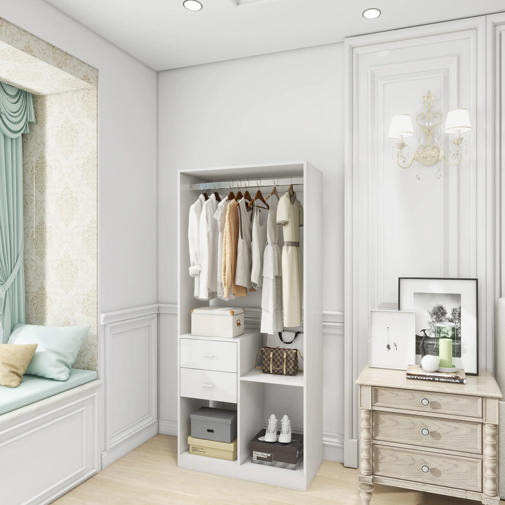 302 Freestanding Closet System 71"H Closet System with Drawers, Wooden Wardrobe Closet Organizer System with Closet Drawers, clothes organizer Clothing Racks for Hanging Clothes with Closet Shelves Wall Mounted, White Pi-Mart