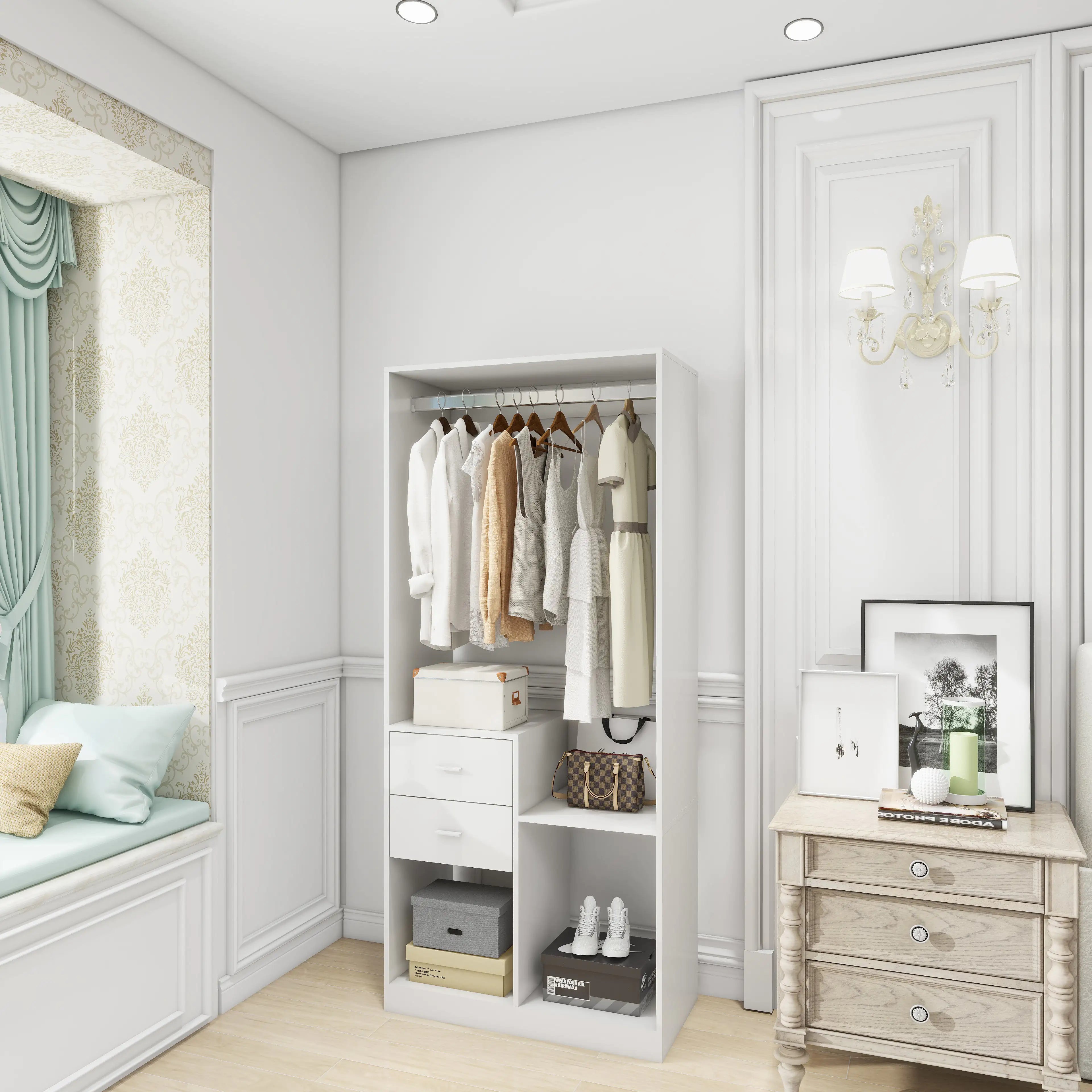 302 Freestanding Closet System 71"H Closet System with Drawers, Wooden Wardrobe Closet Organizer System with Closet Drawers, clothes organizer Clothing Racks for Hanging Clothes with Closet Shelves Wall Mounted, White Pi-Mart