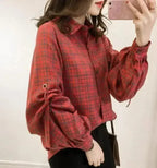 Women Loose Fit Plaid Shirt w/Bell Sleeves - Blue | Femstylo - SJB-DIAMOND ELITES