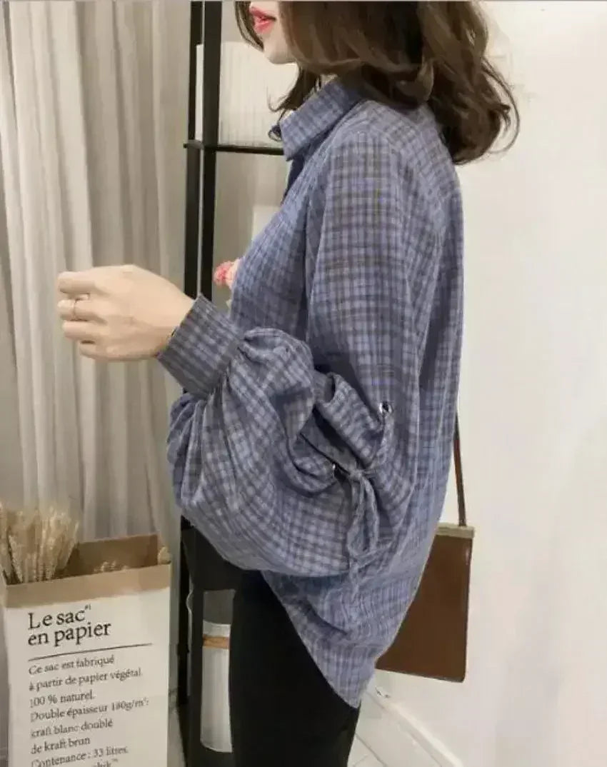 Women Loose Fit Plaid Shirt w/Bell Sleeves - Blue | Femstylo - SJB-DIAMOND ELITES