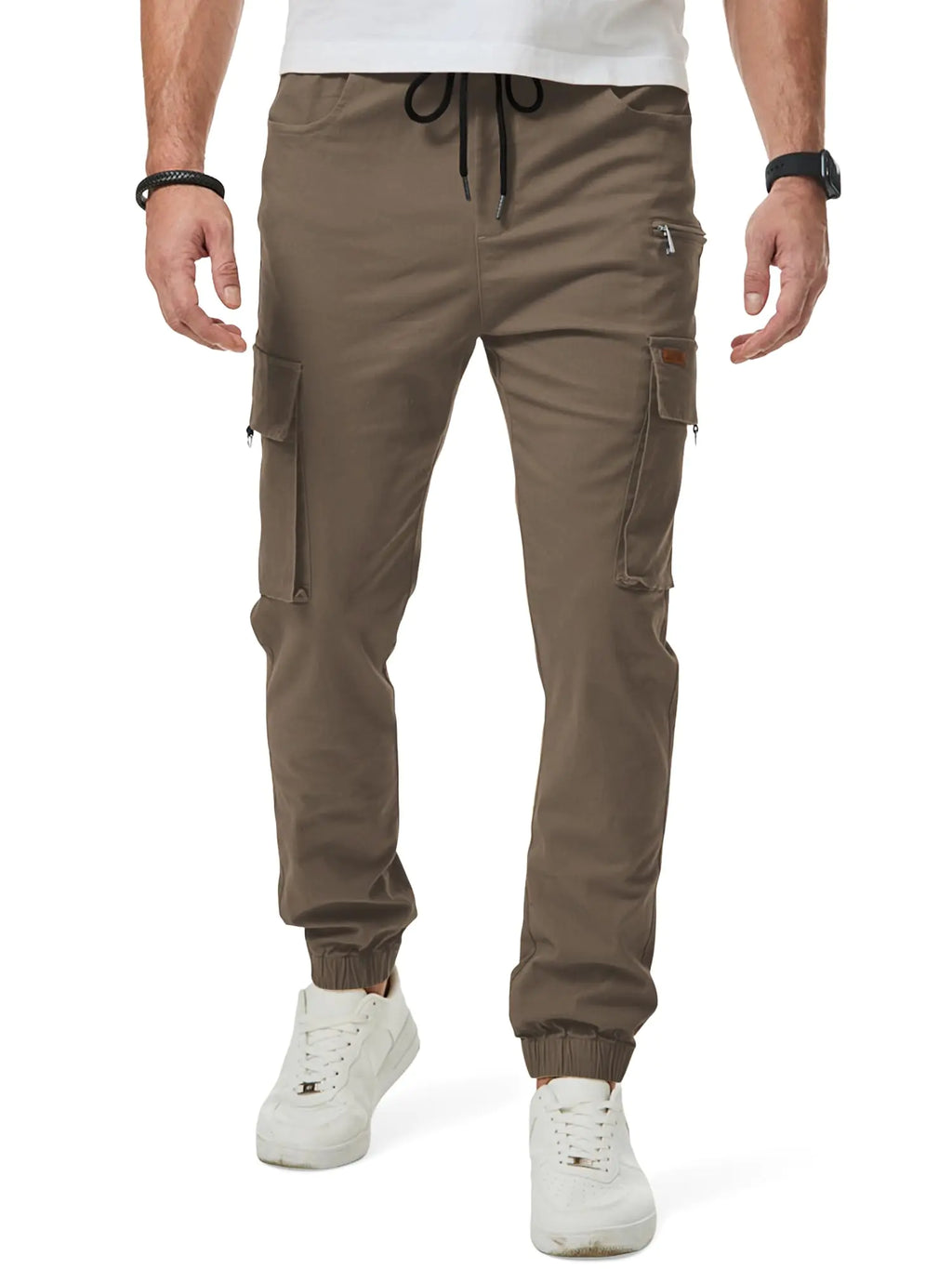JMIERR Mens Cargo Pants Drawstring Stretch Waist Twill Joggers Trousers with Zip Pockets and Elastic Cuffs 2XL Earth Brown