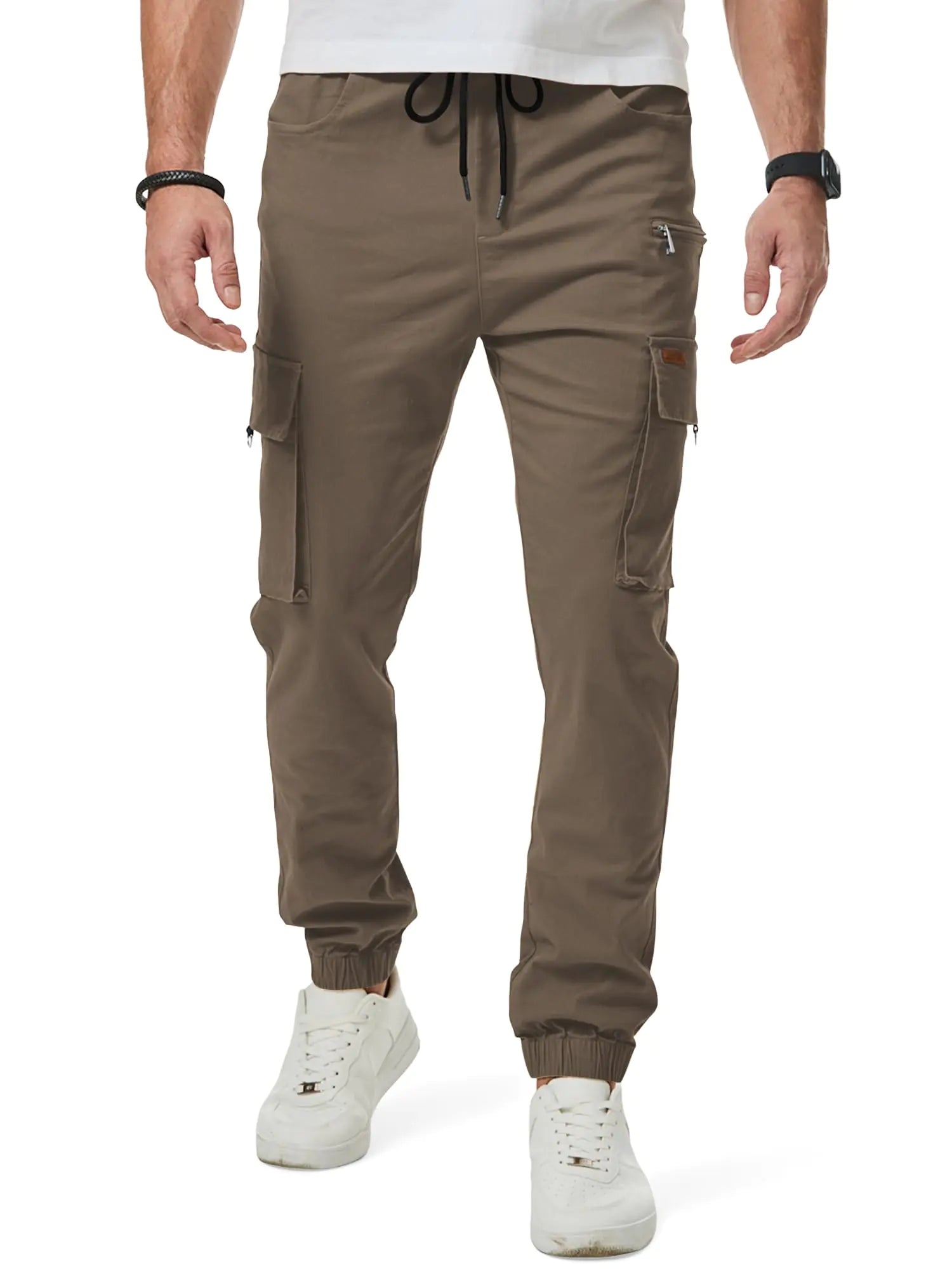 JMIERR Mens Cargo Pants Drawstring Stretch Waist Twill Joggers Trousers with Zip Pockets and Elastic Cuffs 2XL Earth Brown