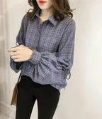 Women Loose Fit Plaid Shirt w/Bell Sleeves - Blue | Femstylo - SJB-DIAMOND ELITES