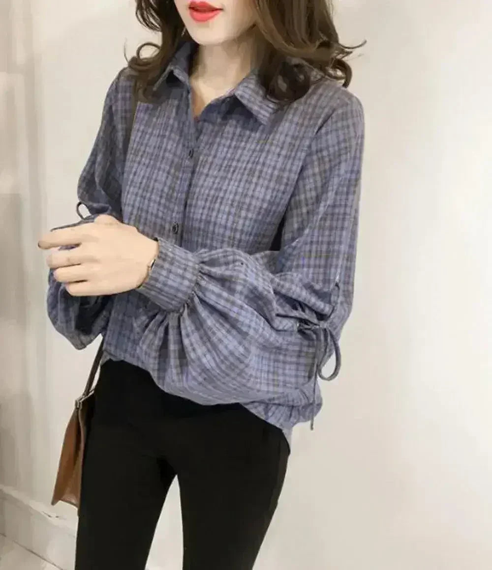 Women Loose Fit Plaid Shirt w/Bell Sleeves - Blue | Femstylo - SJB-DIAMOND ELITES