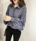 Women Loose Fit Plaid Shirt w/Bell Sleeves - Blue | Femstylo - SJB-DIAMOND ELITES