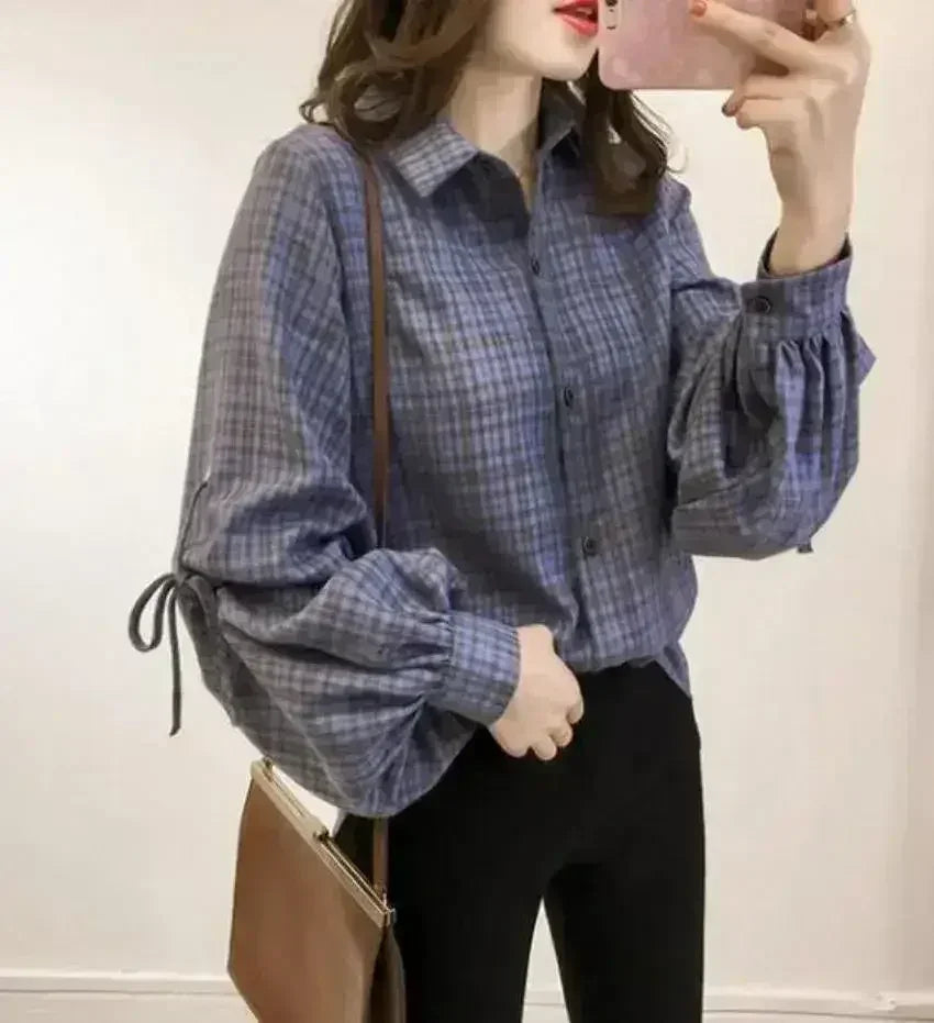 Women Loose Fit Plaid Shirt w/Bell Sleeves - Blue | Femstylo - SJB-DIAMOND ELITES