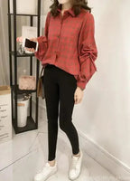 Women Loose Fit Plaid Shirt w/Bell Sleeves - Blue | Femstylo - SJB-DIAMOND ELITES