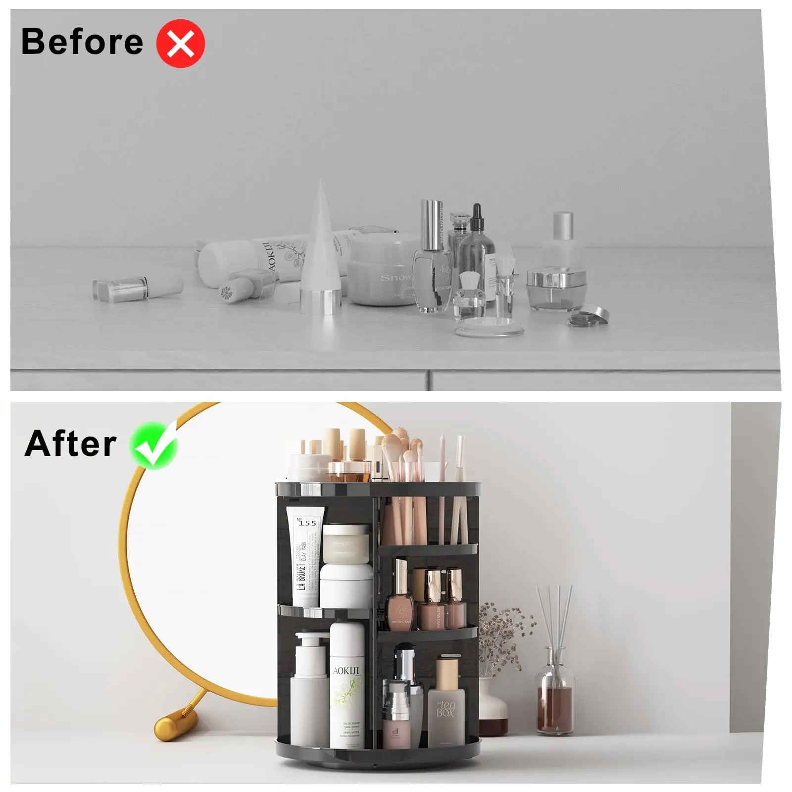 Rotating Makeup Organizer for Vanity, 360 Spinning Skincare Organizers with Adjustable Trays, Make Up Desk Storage Carousel Rack, Cosmetic Display Cases for Dresser Bathroom Countertop Black Pi-Mart
