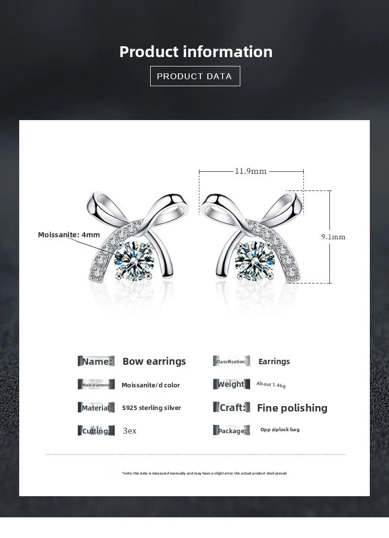 S925 Sterling Silver Moissanite Stud Earrings 0.5ct×2 Bow Fringe Dangle Women BandsCo Straps