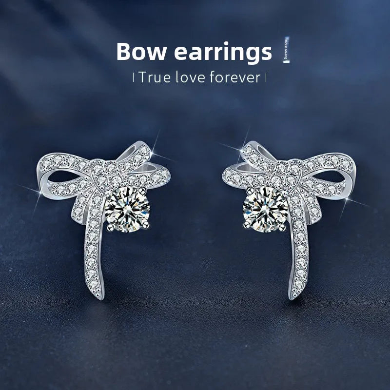 S925 Sterling Silver Moissanite Stud Earrings 0.5ct×2 Bow Fringe Dangle Women BandsCo Straps