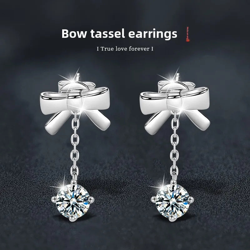 S925 Sterling Silver Moissanite Stud Earrings 0.5ct×2 Bow Fringe Dangle Women BandsCo Straps