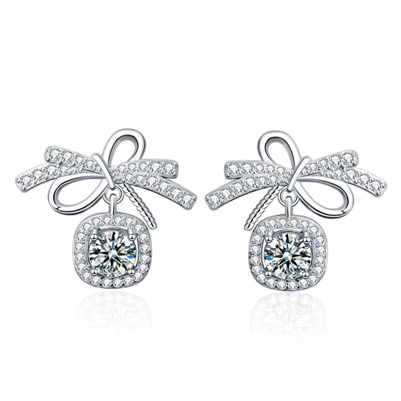 S925 Sterling Silver Moissanite Stud Earrings 0.5ct×2 Bow Fringe Dangle Women BandsCo Straps