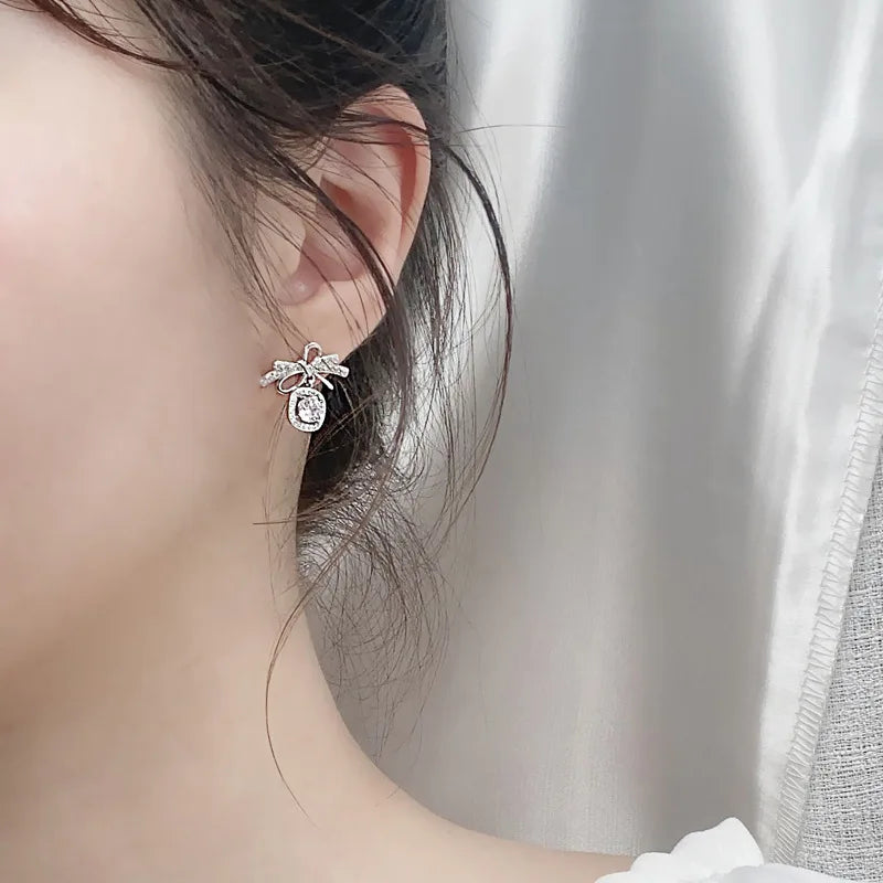 S925 Sterling Silver Moissanite Stud Earrings 0.5ct×2 Bow Fringe Dangle Women BandsCo Straps