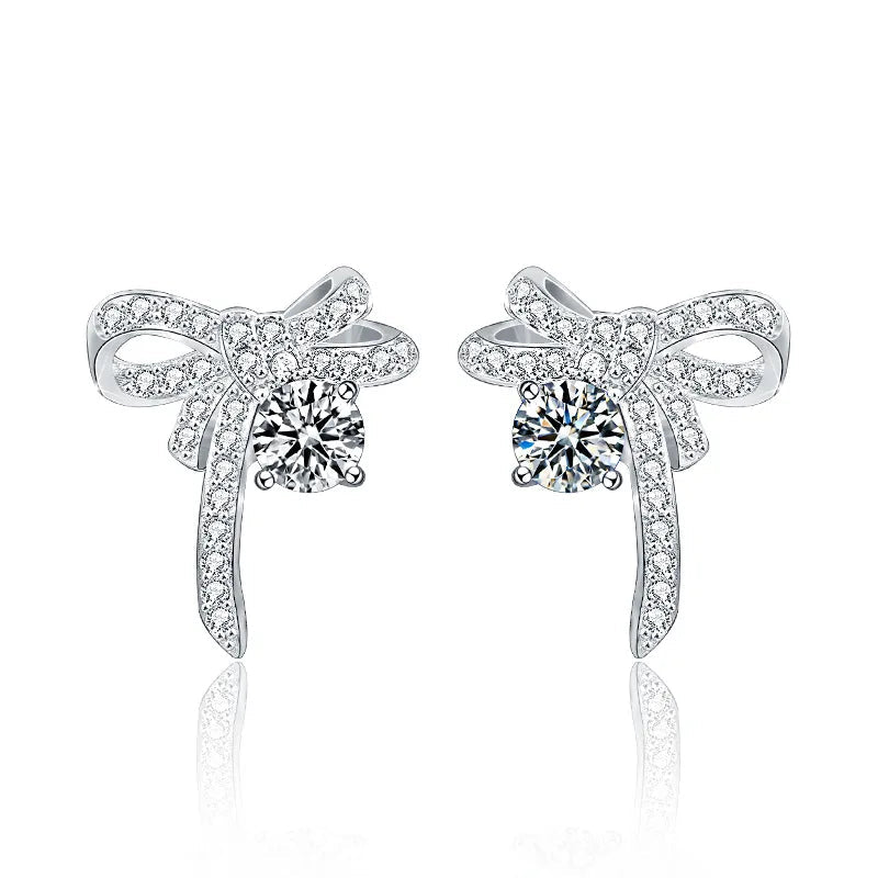 S925 Sterling Silver Moissanite Stud Earrings 0.5ct×2 Bow Fringe Dangle Women BandsCo Straps