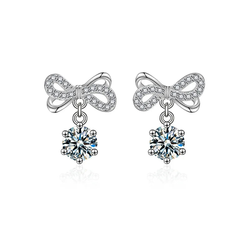 S925 Sterling Silver Moissanite Stud Earrings 0.5ct×2 Bow Fringe Dangle Women BandsCo Straps
