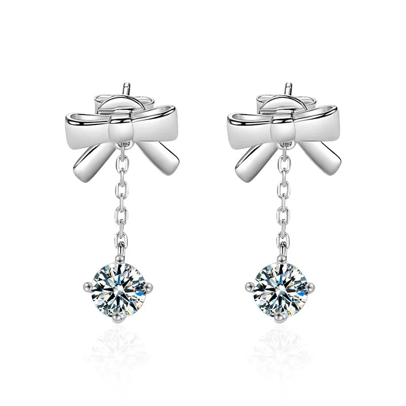 S925 Sterling Silver Moissanite Stud Earrings 0.5ct×2 Bow Fringe Dangle Women BandsCo Straps