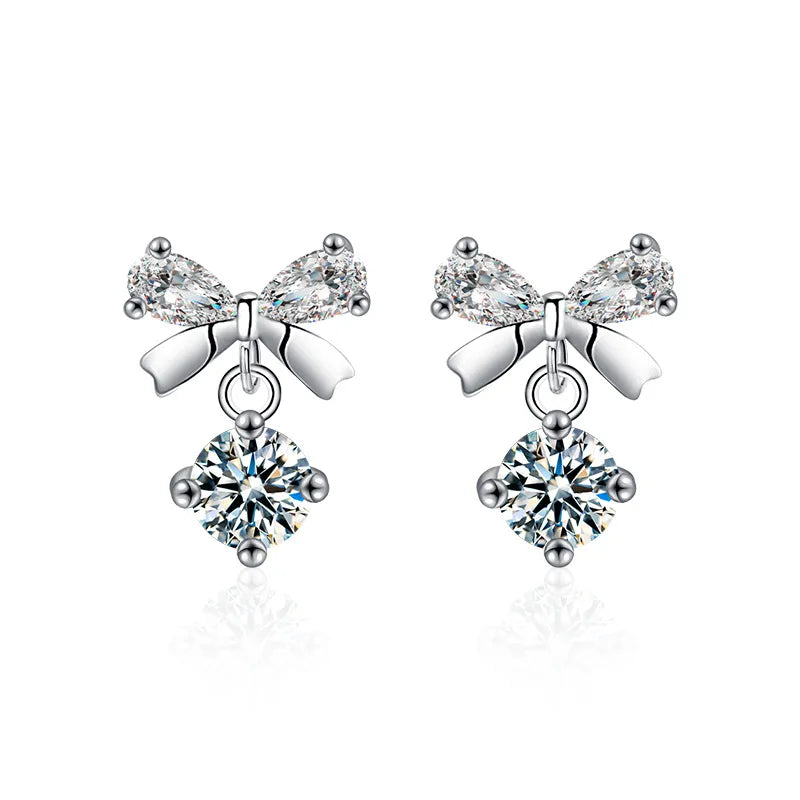 S925 Sterling Silver Moissanite Stud Earrings 0.5ct×2 Bow Fringe Dangle Women BandsCo Straps