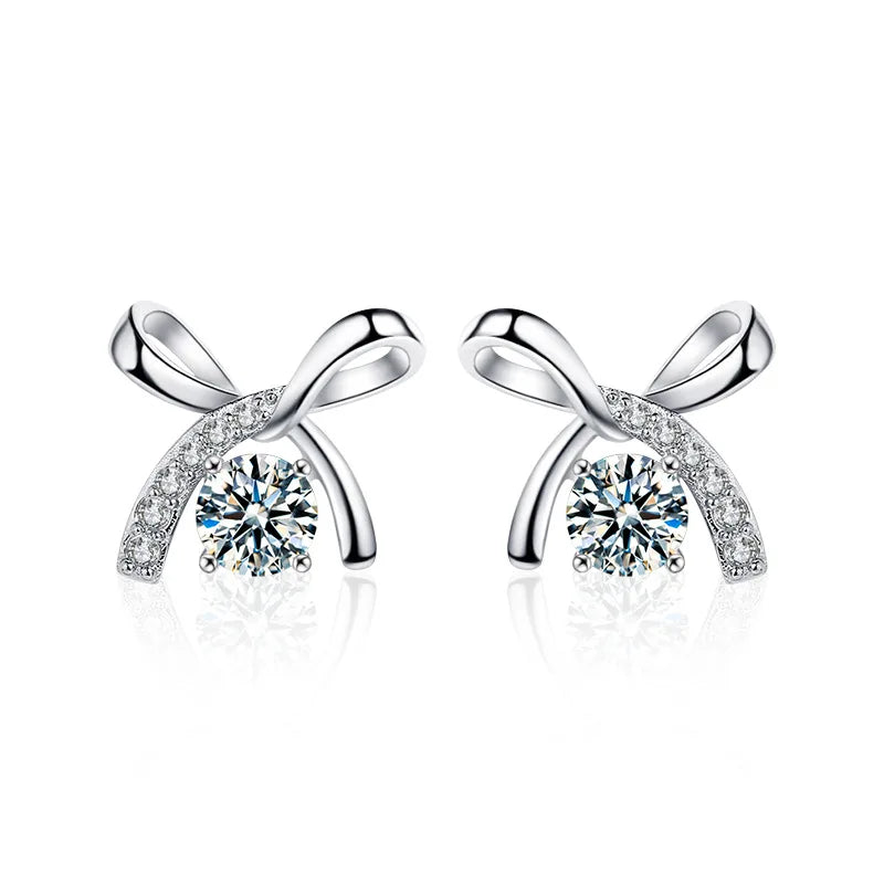 S925 Sterling Silver Moissanite Stud Earrings 0.5ct×2 Bow Fringe Dangle Women BandsCo Straps