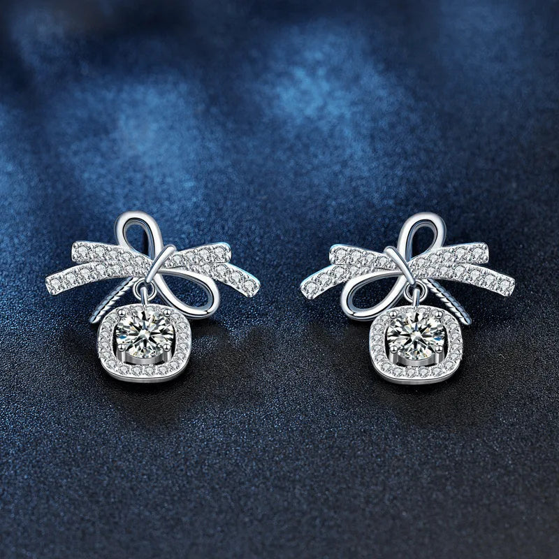 S925 Sterling Silver Moissanite Stud Earrings 0.5ct×2 Bow Fringe Dangle Women BandsCo Straps