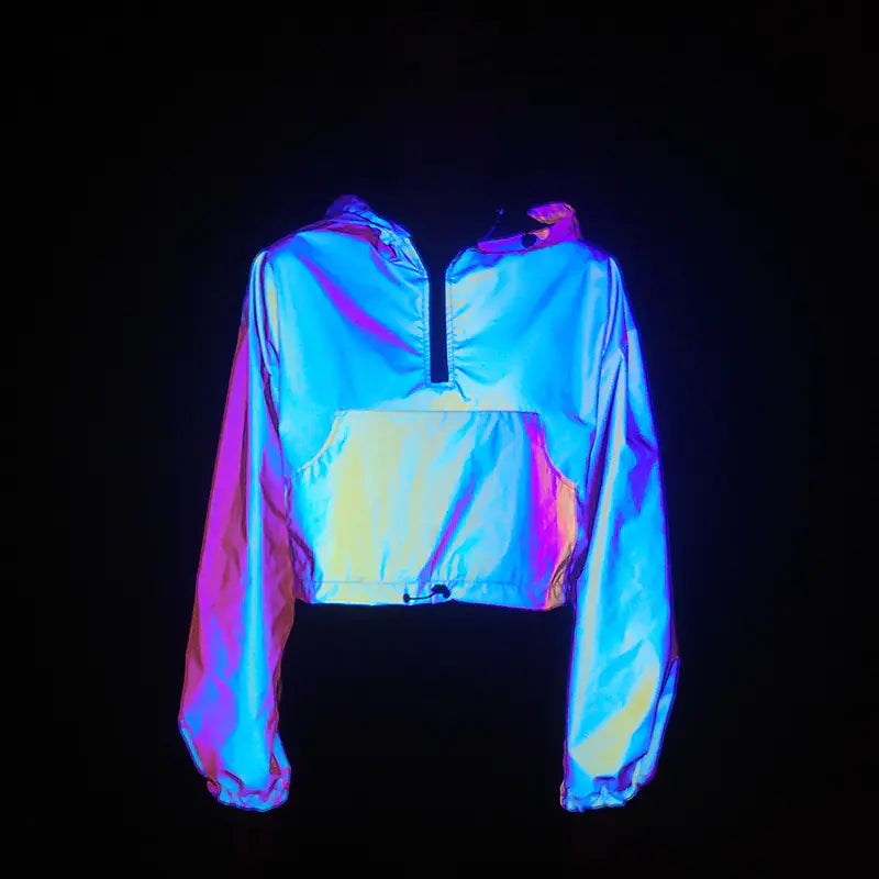 Women's Colorful Reflective Hooded Jacket Crop Top Pi-Mart